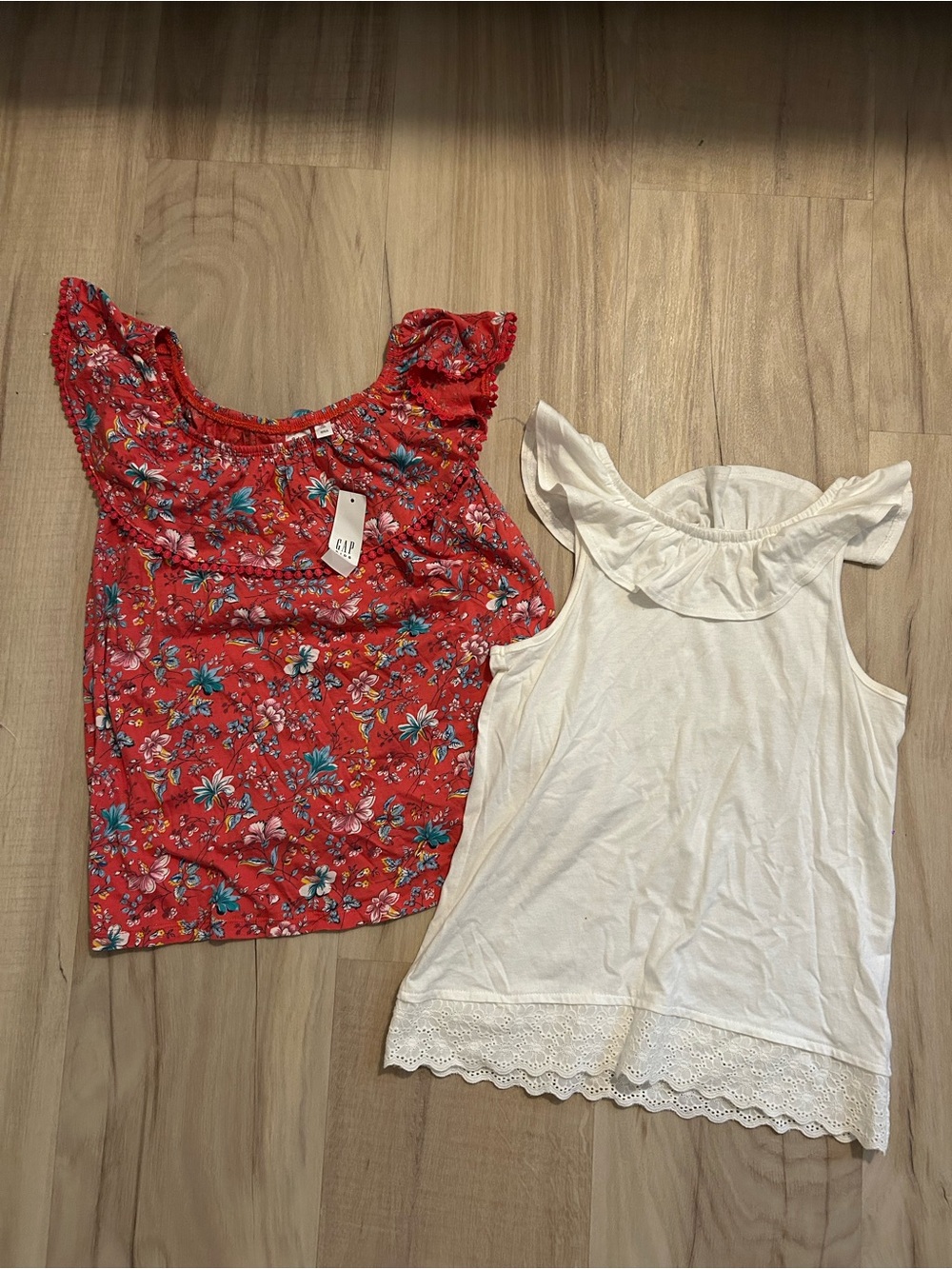 GAP Red Floral Ruffle Tank & White Eyelet Ruffle-Trim Tank